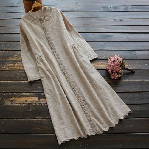 Autumn new style womens lace side embroidery long-sleeved dress literary and leisure mid-length solid color a-line skirt 2020