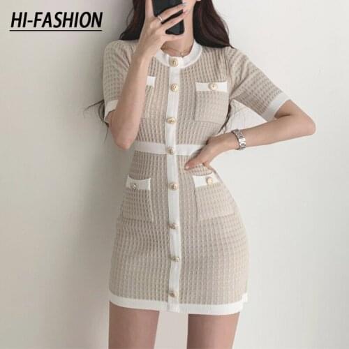 Korean Summer Sexy Party Elegant Black Button Knitted Dress Bodycon Mini Vestido Curto Moda Feminina Ropa Mujer 2021 Robes