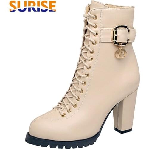 Winter Women Ankle Boots 9cm High Chunky Heels Black Red Party Office Lady Round Toe Buckle Lace-up Zipper Platform Martin Boots