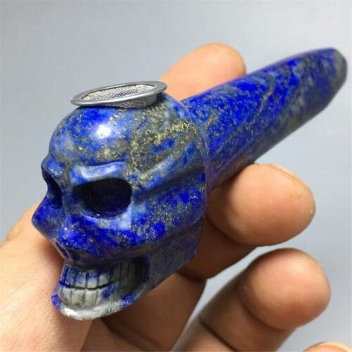 1pcs Natural Lapis Lazuli Gemstone Crystal Smoking Pipe Carved Skull Tobacco Wand