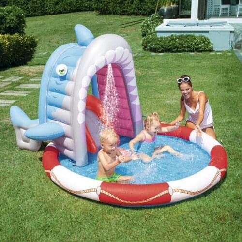236*198*140CM Kids Yard Garden Lawn Large Inflatable Shark Spray Water Splash Play Pool with Slide
