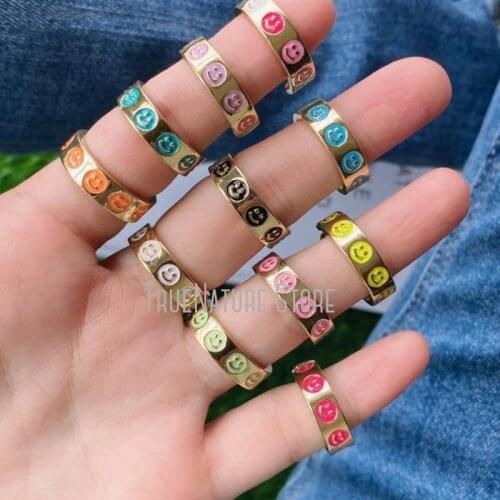5Pcs RM39068 For Women Copper Ladies Copper Jewelry Womens Jewelry Plated Gold Ring Enamel Smiley Colors Gold Plated Ring