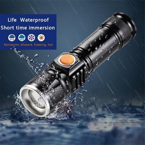 Powerful Led Flashlight With Tail Usb Charging Head Zoomable Waterproof Torch Portable Light 3 Lighting Modes Built-In Battery