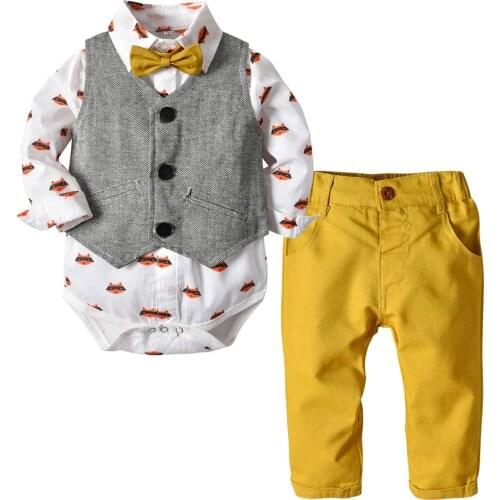 Tem Doger Autumn Infant Baby Boy Gentleman Handsome Clothes Set Animal Print Shirt+Vest+Trouser 3Pcs Formal Suit Newboen Roumper