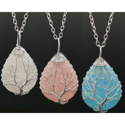 Fashion Handmade Tree of Life Copper Wire Wrapped Necklace Pendant Blue Resin Water Drop Healing Crystal Necklace for Women Men