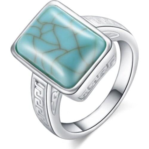 Trendy Silver Plated Rectangle Shape Green Turquoises Stone Finger Ring Geometric Fashion Jewelry