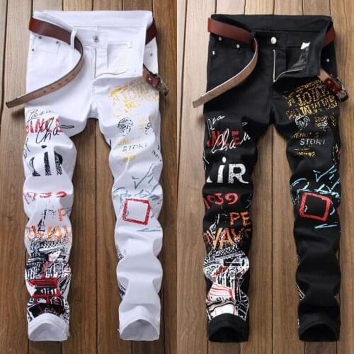 Fashion Streetwear Men Jeans Slim Fit Elastic Stretch Hip Hop Pants Printed Designer Jeans Men Night Club Pun Style Pencil Pants
