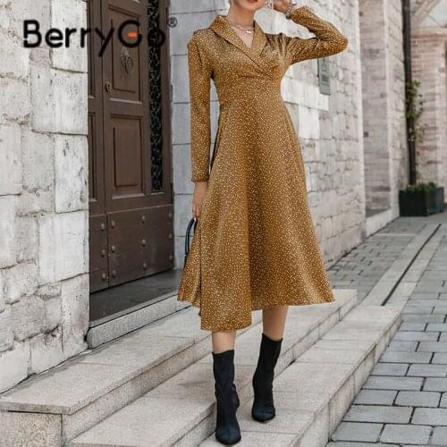 BerryGo Office lady v-neck A-line polka dot dress women autumn Elegant high waist maxi dresses Female long sleeves vestidos 2021