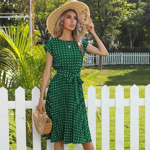 Summer Women 2021 Polk Dots Short Sleeve Pleated Dresses For Midi Vintage Elegant Office Green Dinner Party Clothes Dropshipping