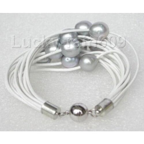 >Genuine 7" 15row 14mm Gray pearls white leather bracelet magnet clasp e1762