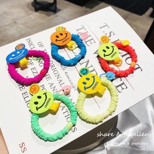 New Cute Smiling Face Hair Rope Fluorescent Color Girl High Stretch Rubber Band Cartoon Candy Color Hair Ring Hair Accessories