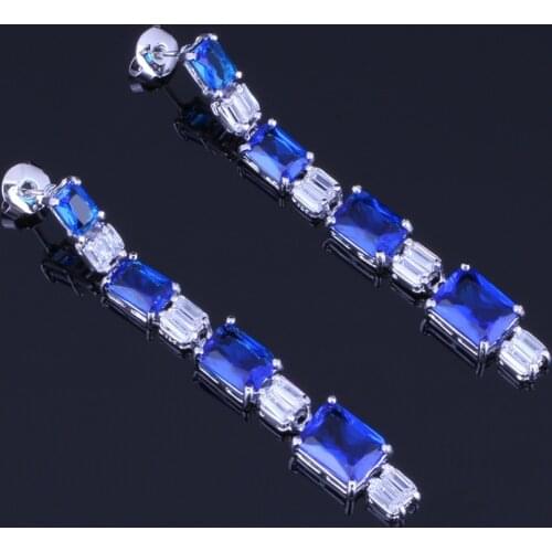 Royal Rectangle Blue Cubic Zirconia White CZ Silver Plated Drop Dangle Earrings V0204
