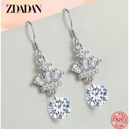 ZDADAN 925 Sterling Silver Earrings Crown CZ Zircon Long Drop Earrings For Women Wedding Jewelry Party Gifts
