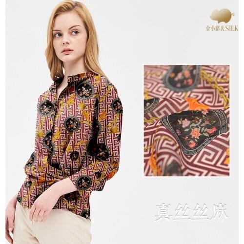 Red Silk Linen Digital Printing Silk Fabric Mulberry Silk Linen Fabric Dress Women 's Clothing Fabric