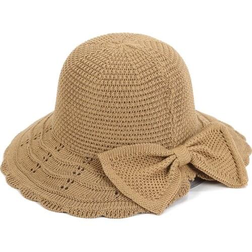 Cooling Mesh Straw Hat Bowknot Sunscreen Dome Beach Hat Plain Colors Vintage Rollable Visor Sun Cap Pool Floppy Dress Sun Hat