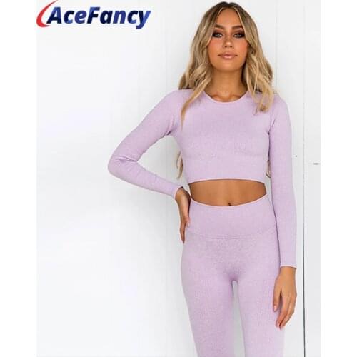 Acefancy Sports Wear For Women Gym Long Sleeve Top Yoga Pants Gym Tights Women Solid Color Workout Set 2116 2 Piece Outfits Gym