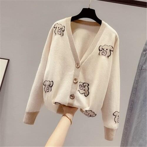 Loose Sweater Female Cardigan Jacket 2020 Autumn V Neck Cartoon Print Knitted Cardigan Fashion Street Womens Sweater Coat