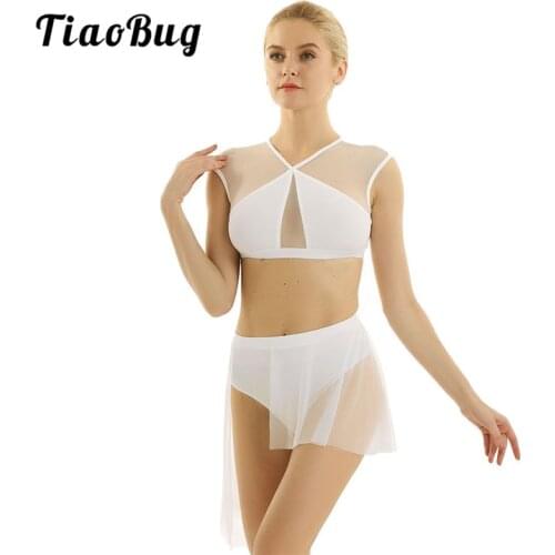 TiaoBug Women Asymmetrical Mesh Tutu Ballet Dress Dancewear Crop Top with Mini Shorts Skirt Contemporary Lyrical Dance Costumes
