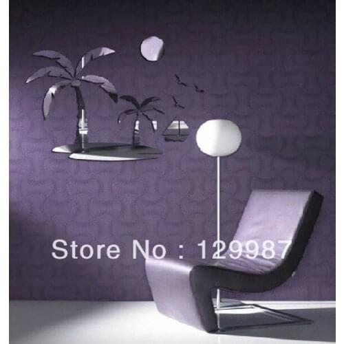 NEW Style 1.2mm acrylic wall mirror sticker Tropical relief mirror with the sun, the seagulls, sailing mirror shape