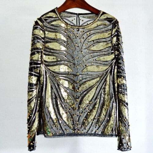 Beading Lace Blouse Tops Women Fashion Full Sleeve Sequined Blouse Shirt Tops