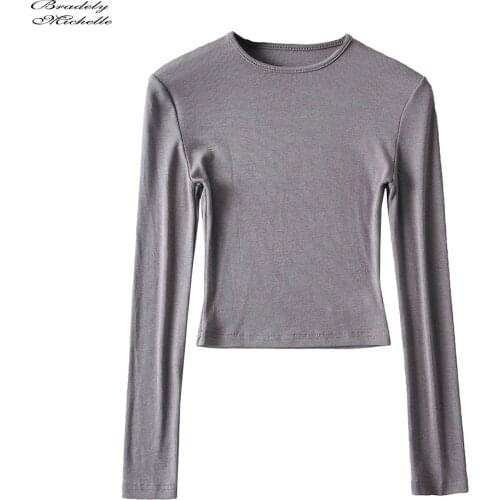 BRADELY MICHELLE 2020 Women Clothing Elastic Cotton Crop Tops Casual Solid O-neck Long-sleeve T-shirt