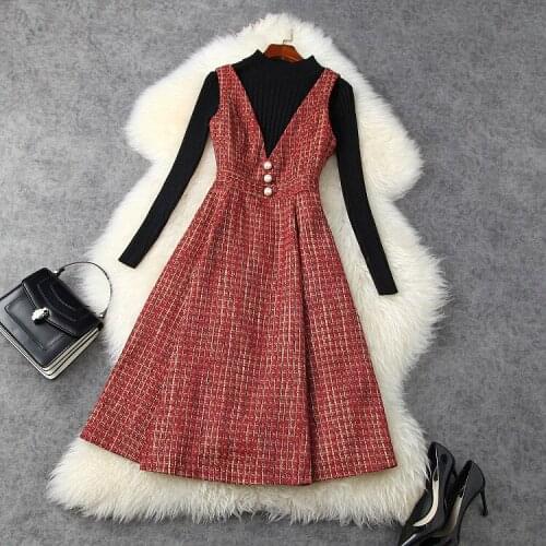 European and American womens wear 2020 winter new style Long-sleeved sweater vest studded tweed dress Fashion two-piece