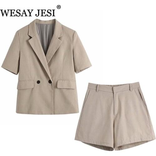 WESAY JESI Summer Blazer Women Fashion Elegant Simple Solid Color Short Sleeve Blazer Suits Double-Breasted Pocket Ladies Coats