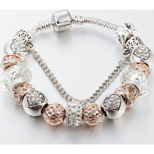 ANNAPAER 2019 Heart Charm Bracelets Silver Color Snake Chain Crystal Beads Fit Pan Original Bracelets for Women Jewelry B15175
