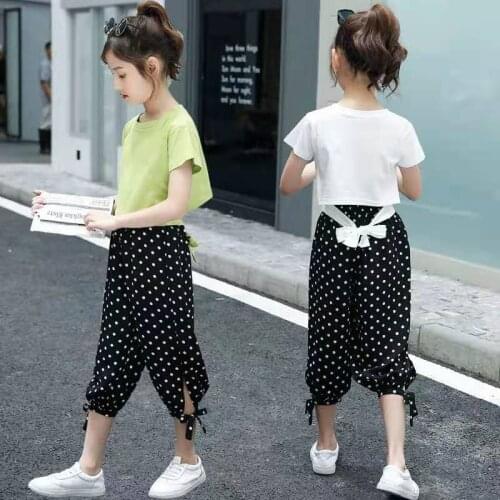Free shipping2021 new Teenage summer clothes Girls summer suit Chiffon short sleeve T-shirt +Polka Dot Capris for 2-13 yrs Girls