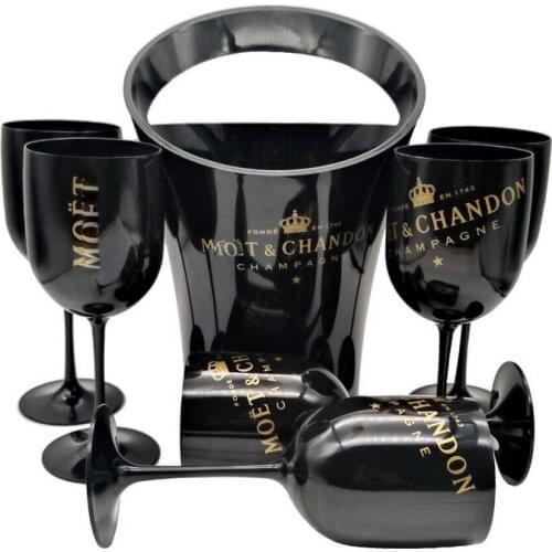 Black Plastic Bucket And Glass Champagne Flutes Party Cooler Sets vasos de cristal para bar