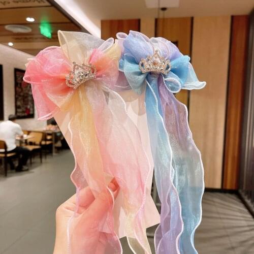 Children Long Ribbon Hair Clips Bowknot Rhinestone Tiara Queen Princess Pink/Blue Hairpins Barrette Hair Accessories for Kids