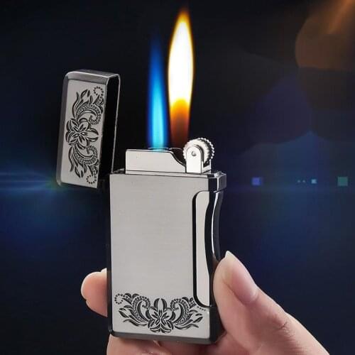 Carving Double Fire Lighter Grinding Wheel Open Fire Side Pressure Direct Punching Butane Gas Lighter Personality Creative