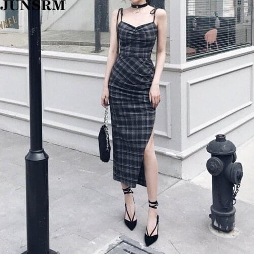 Elegant Sexy Deep V-Neck Punk Gothic Dress Women Summer Black Plaid High Waist Split Dresses Female Party Club Wear Dark Halter