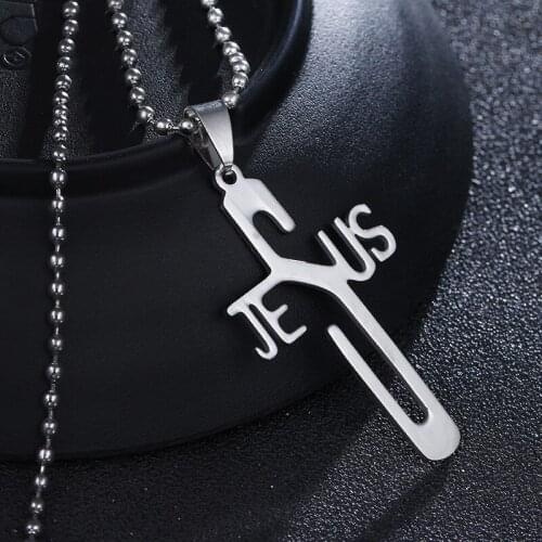 Christian Jesus Cross Pendant Necklace Fashion Stainless Steel Round Beads Chain Cross Pendant Necklace Religious Jewelry