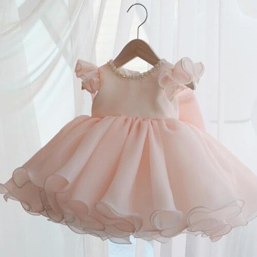 Summer Baby Girl Dresses Beads Pink Bow Baptism Dress for Princess 1 year Birthday Party Wedding Gown Baby Christening Clothing