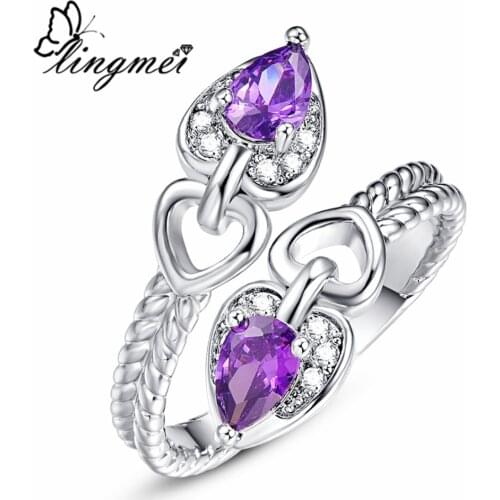 Lingmei Wholesale Drop Shipping Classic Hot Silver Color Ring Pear Cut Purple & Yellow Zircon Jewelry Ring Size 6 7 8 9 Wedding