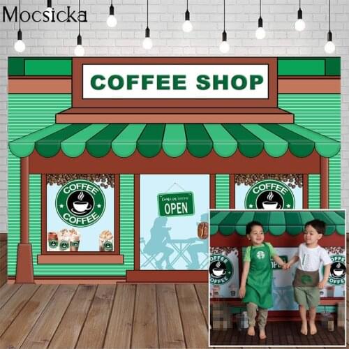 Cartoon Coffee Shop Ice Cream Cake Smash Backdrops Green Stripes Booth Decorative Props Children Birthday Portrait Photo Studio