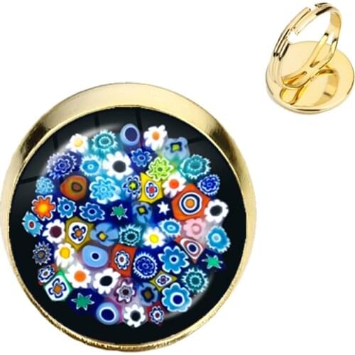 Murano Millefiori Ajustable Rings MultiColour Flower 16mm Glass Cabochon Ring Jewelry For Women Men Gift Wholesale