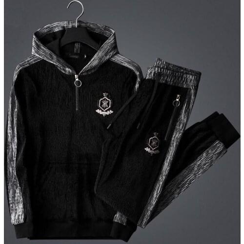 High-end corduroy hooded sweater suit men 2021 autumn and winter trend embroidery standard leisure sports two-piece suit men