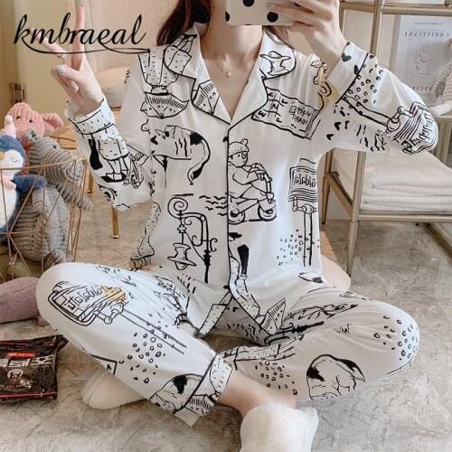 Kmbraeal New Autumn Womens Pajamas Set Luxury Style Print Sleepwear Silk Like Nightie Leisure Homewear Nightwear Set Plus Size