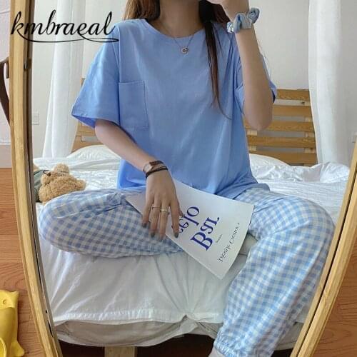 Korean Grid Girl Pajamas for Women Cute Summer Autumn Short Sleeve Trousers Leisure Sleepwear Loose Nightwear Homewear plus size