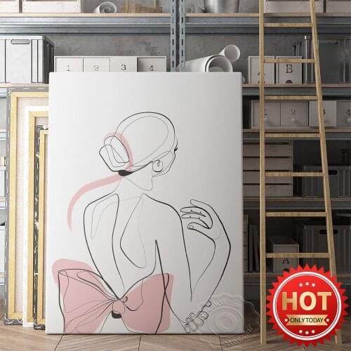 Nude Female Figure Drawing Poster, Lady Back Black White Pink Sketch Print Poster, Minimalism Woman Linear Art Home Wall Decor