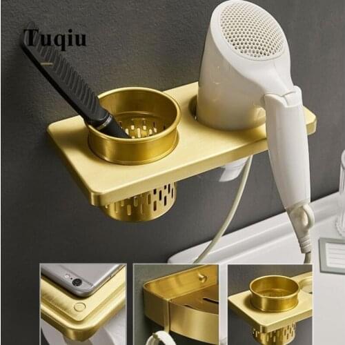 Nail or Nail Free Bathroom Shelf Cosmetic Rack Brushed Gold Bath Hair Dryer Holder Wall Mounted Aluminum Bathroom Rack Shelf
