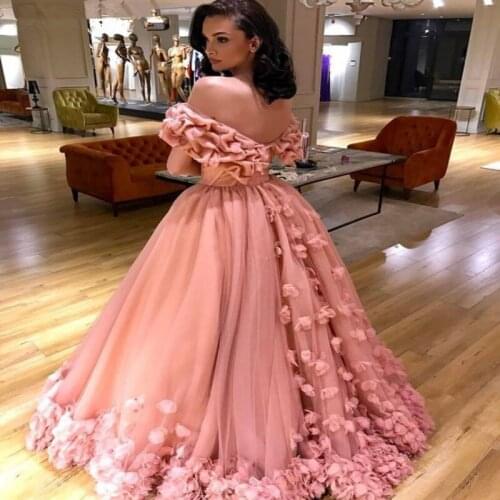 Dust Pink Prom Dresses 3D Flowers Puffy Tulle Ball Gown Vestidos De 15 Anos Long Sweet 16 Dresses Dubai Arabic Party Dress 2019