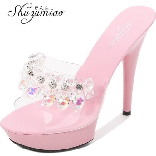 Sandals womens crystal shoes Word strip 2020 new summer fashion 13cm15cm wild sexy high heels with non-slip transparent