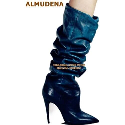 ALMUDENA Stiletto Heel Folded Knee High Boots Pointed Toe Pleated Gladiator Tall Boots Nightclub Stage Shoes Blue Purple Green