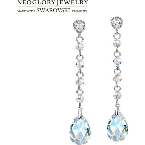 Neoglory Austria Crystal & Zircon Long Drop Earrings Water Drop Stylish For Trendy Glaring Design Party Wholesale