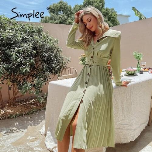 Simplee Autumn Casual Solid Women Button Dress Doll Collar Pleated Belt Ladies Midi Dress Full Regular Sleeves Female Dress