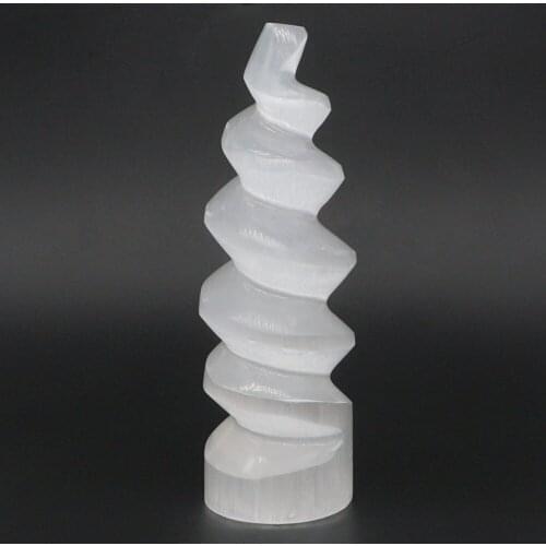 150mm Selenite Spiral Unicorn Horn Carving Satin Spar Crystal Gemstone Crystal Reiki Healing Tower Home Office Decor