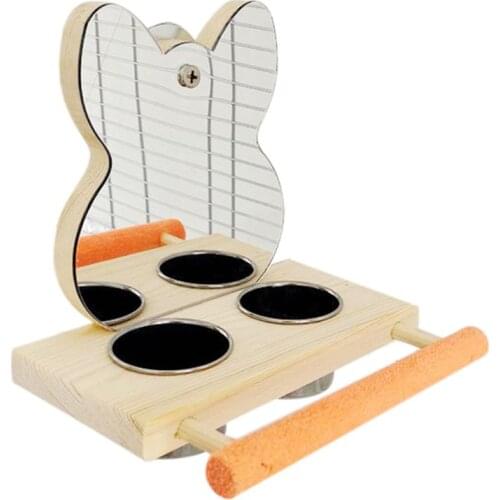 Parrots Mirror Play Stand Platform Birds Wooden Toys Perch Playgym with Stainless Steel Feeder Cups Bowls